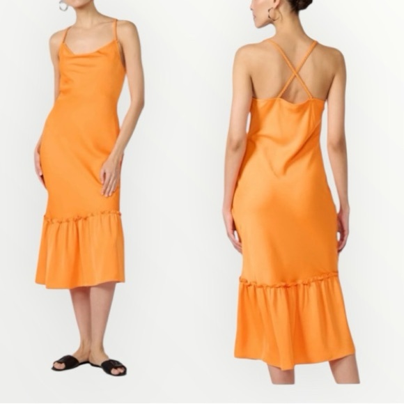 Karl Lagerfeld Paris Orange Spaghetti Straps Ruffled Bottom Cowl Slip Dress 12 - Picture 1 of 10